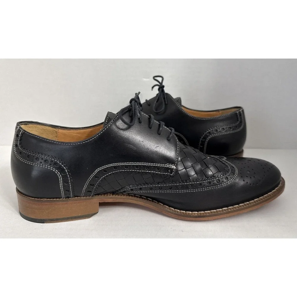 Paul Frederick Men's Wing Tip Black Leather Shoes Size 9.5 M Made in Italy Weave